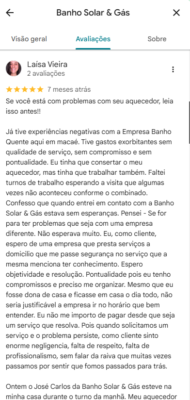 Depoimento de cliente 2 — BanhoSolar&Gás